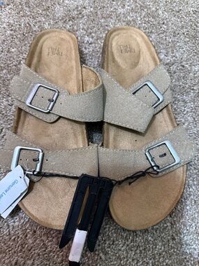 Time and Tru Taupe Suede Double-Buckle Slide Sandals